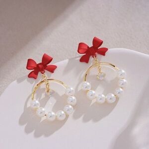 Chic Red Bow and Pearl Gold Earrings